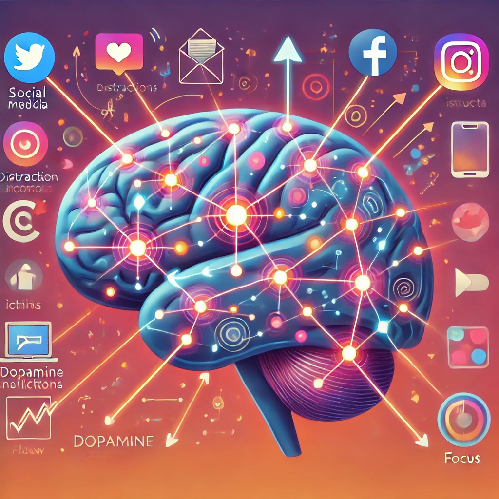 Brain illustration showing distractions and dopamine release - How to Stay Focused