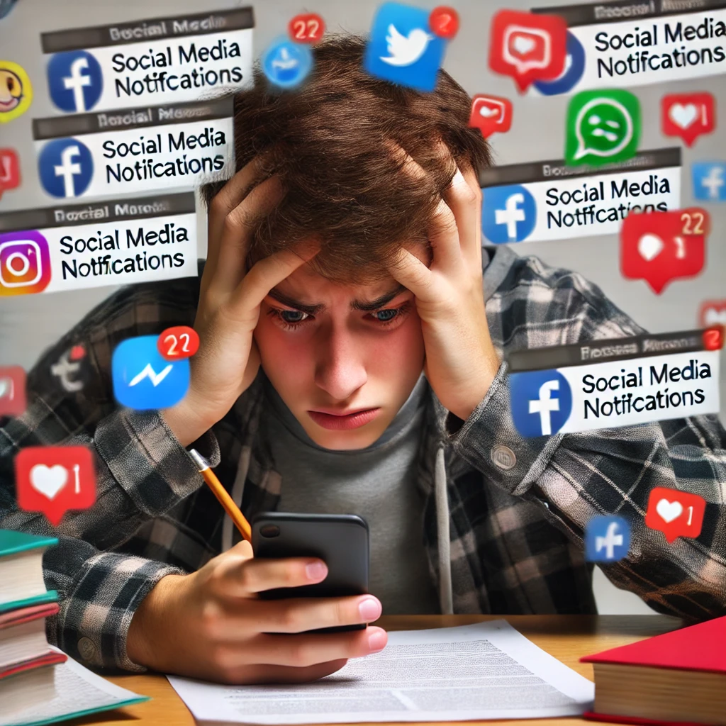 Teen overwhelmed by social media distractions - How to Stay Focused in a Digital World"