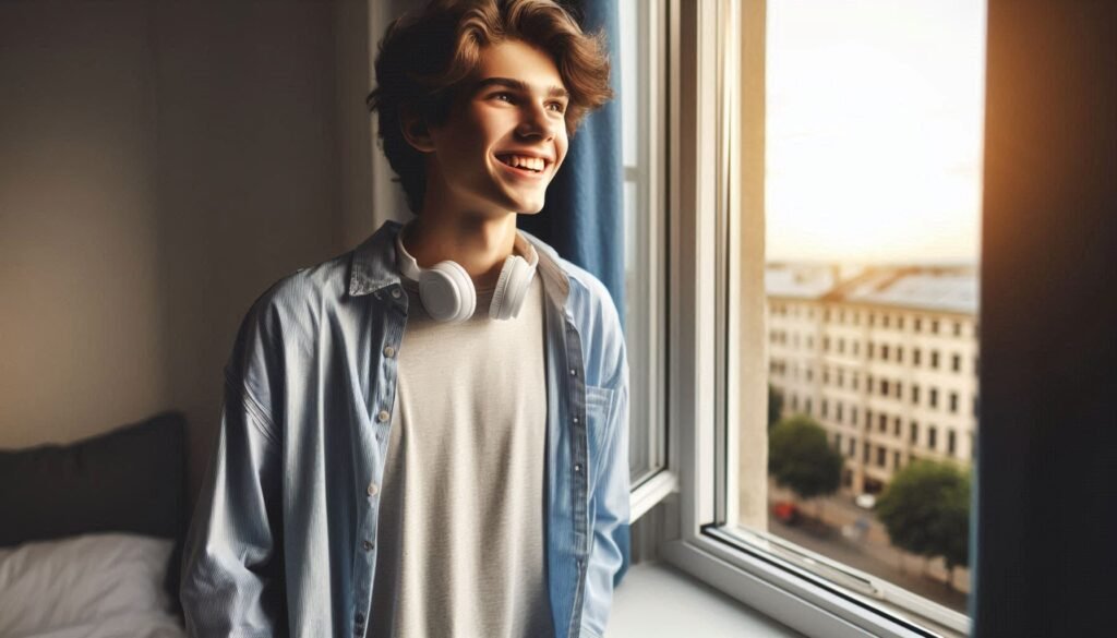 Teen standing by a window, smiling and ready to start their morning routine for teen success."
