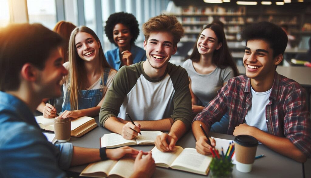 Teenagers studying together in a library, demonstrating the balance between academic goals and healthy relationships. This image illustrates the theme of balancing relationships and goals for teenagers.