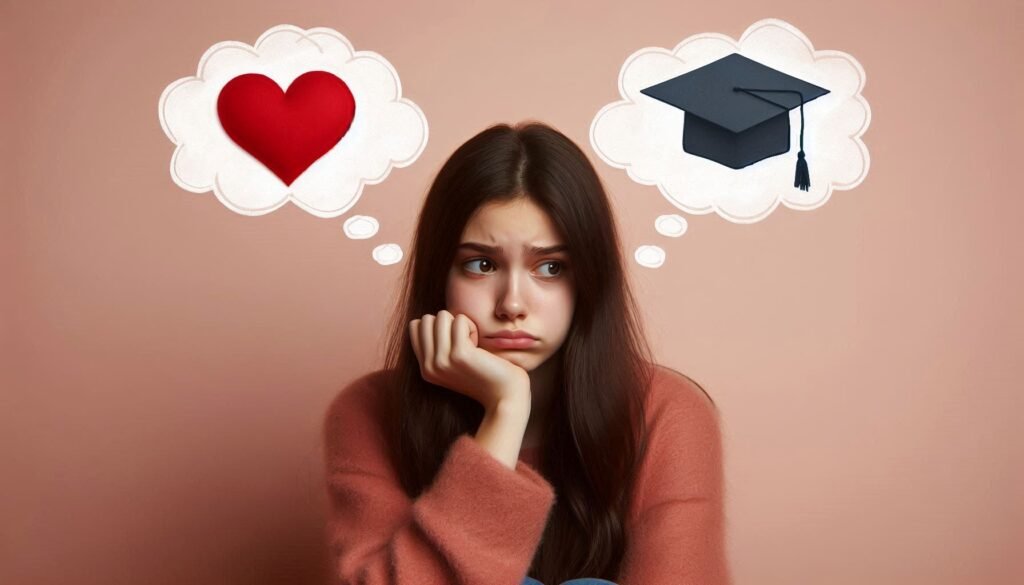A teen girl torn between love and academic success, illustrating the challenge of balancing relationships and goals for teenagers.