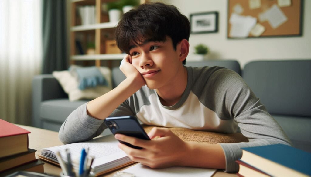A teen distracted by his phone, highlighting how relationships can sometimes interfere with achieving goals. A common challenge when balancing relationships and goals for teenagers.