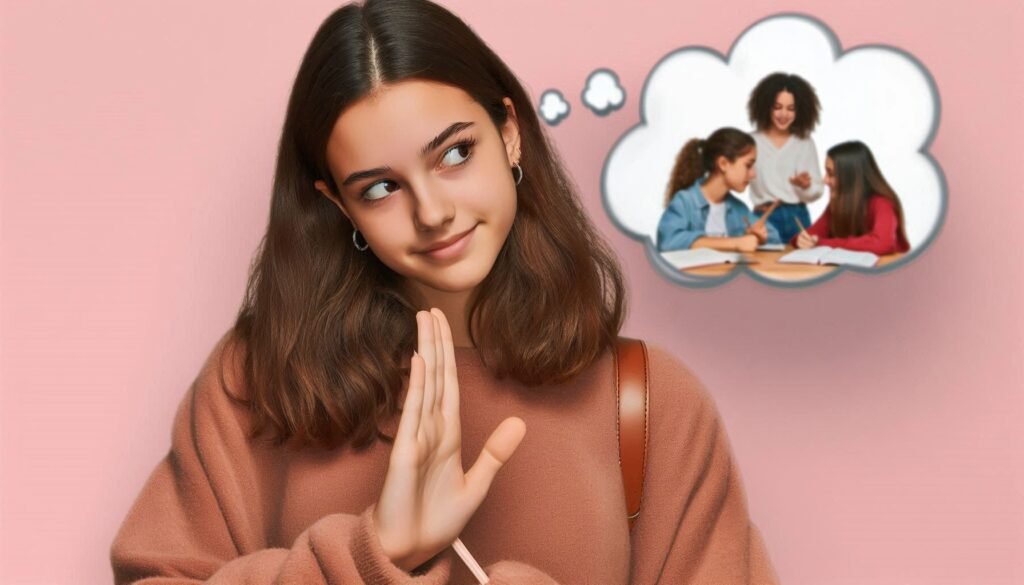 A teen politely declining a social invitation to focus on studies, demonstrating the importance of setting boundaries when balancing relationships and goals for teenagers."