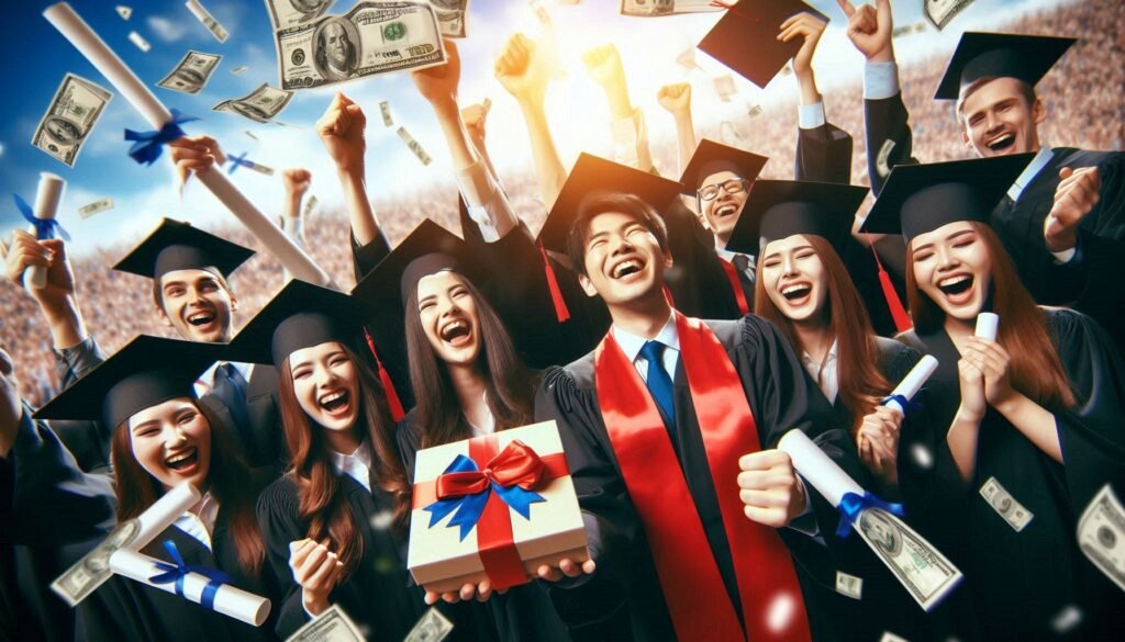 A graduation ceremony, representing the rewards of delayed gratification and achieving long-term goals. Important for teenagers to consider when balancing relationships and goals."