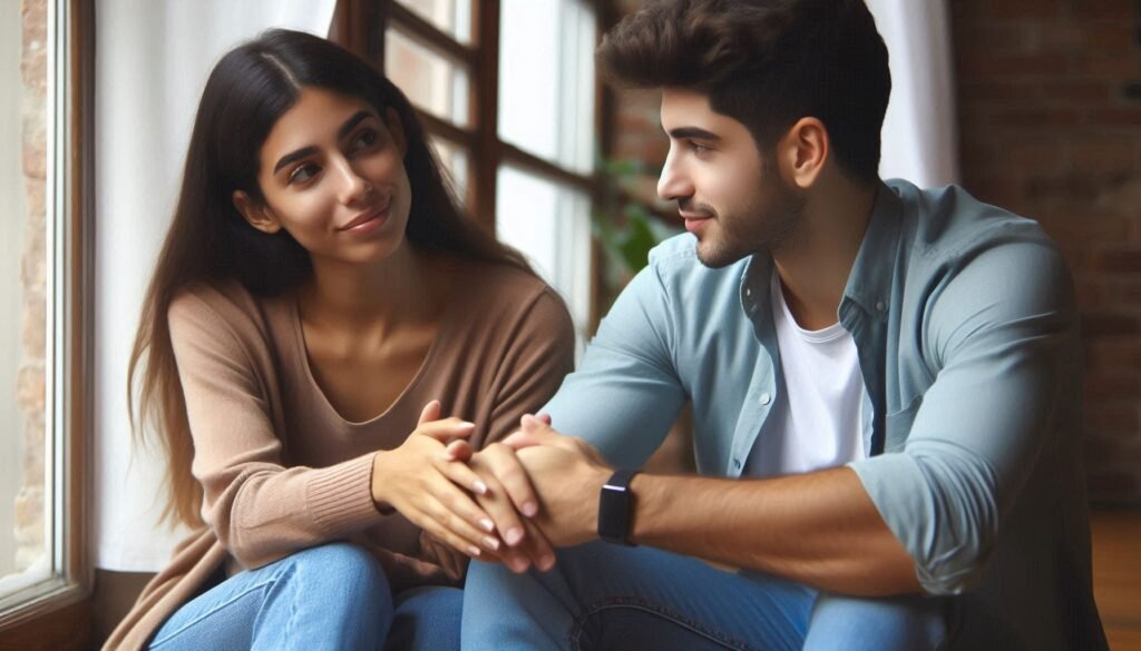 A couple having an open conversation about their needs and goals, demonstrating healthy communication and boundary setting in relationships."