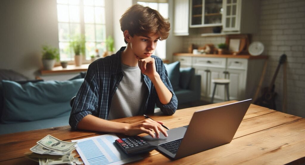 Teen sitting at desk with a notebook, calculator, and smartphone, learning budgeting tips for teens to manage expenses and savings effectively