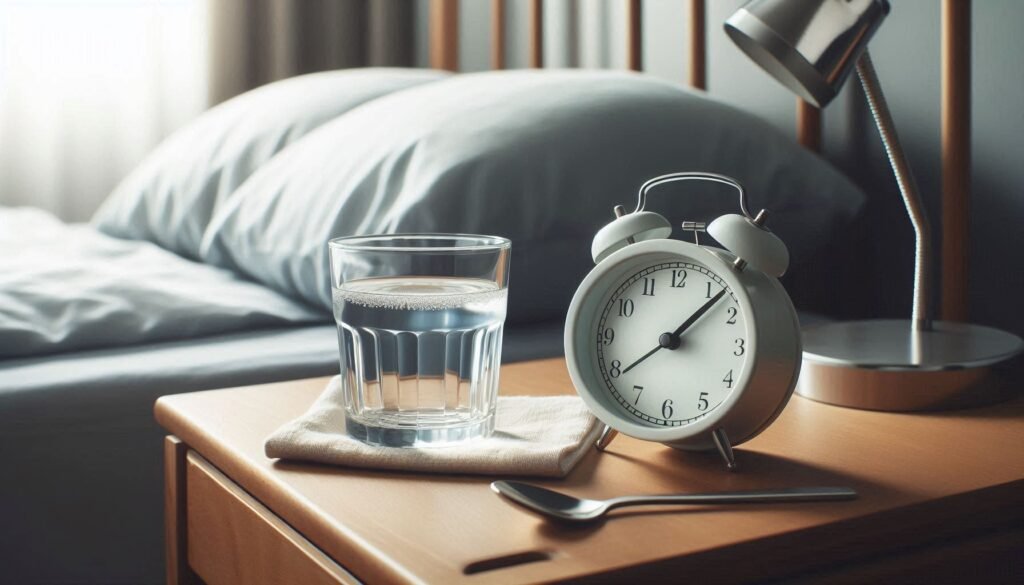 Glass of water on a nightstand to promote hydration in a teen's morning routine for teen success
