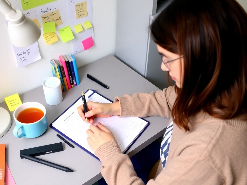 Young adult building daily habits in a calm workspace with a habit tracker and motivational environment