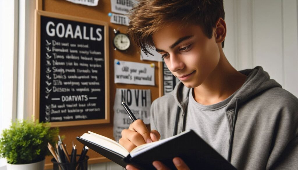 Teen boy writing personal goals – Building Self-Confidence in Teenagers.
