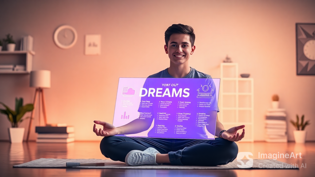 A young person using visualization techniques for goal achievement with a vision board in front of them.