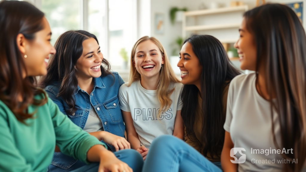 Teen surrounded by positive friends, using positive thinking techniques.