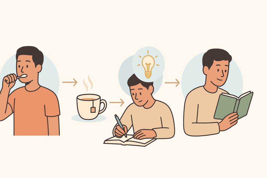 Routine habit stacking with triggers like brushing teeth, tea time, journaling, and reading to build discipline