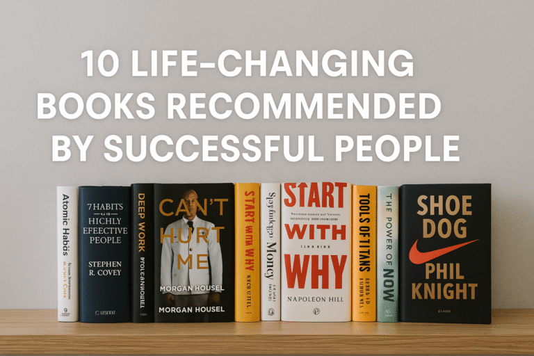 A neatly organized desk with popular self-help books recommended by successful people, symbolizing personal growth and success habits in 2025.