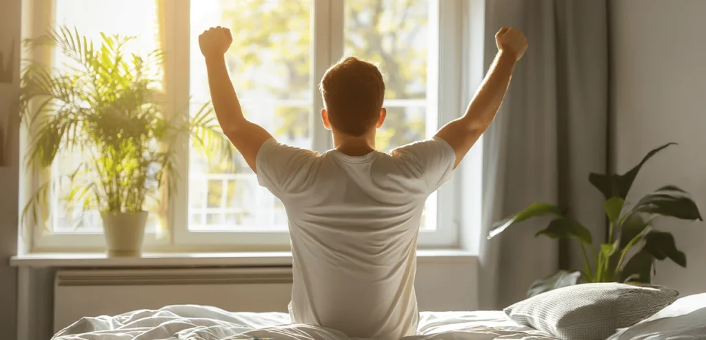 Person waking up in a cozy room as part of a realistic daily routine without a 5AM alarm