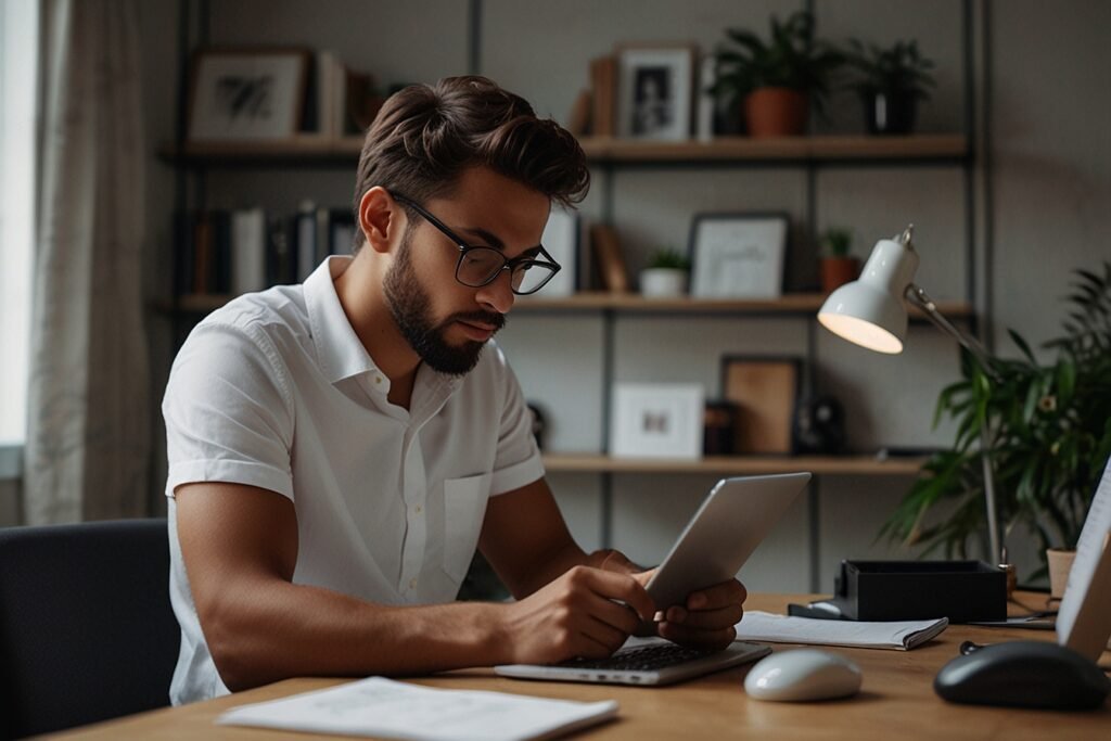 A young professional working with deep focus at a minimalist desk with no distractions. - daily habits of successful people.