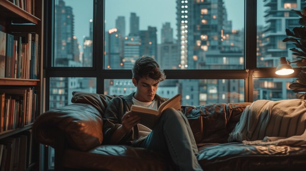 Winding down at night with calm activities as part of a realistic daily routine."