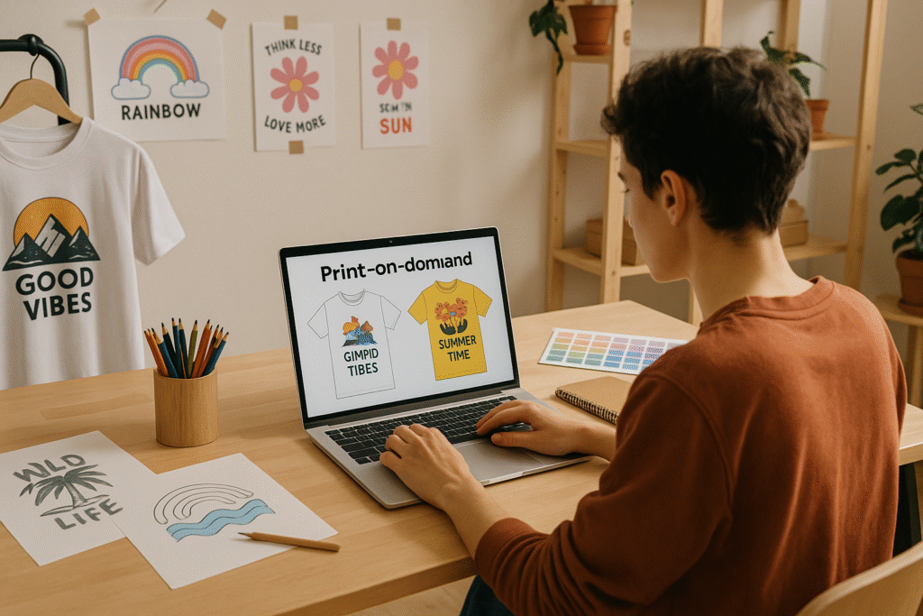 Person designing t-shirts on laptop for print-on-demand business, creative studio background