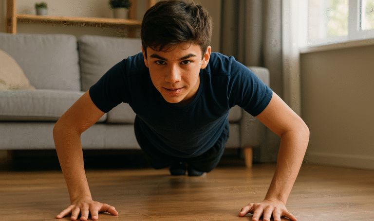 Teen doing bodyweight push-ups at home with focus and discipline