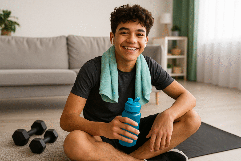 Happy teen post-workout after gaining strength at home