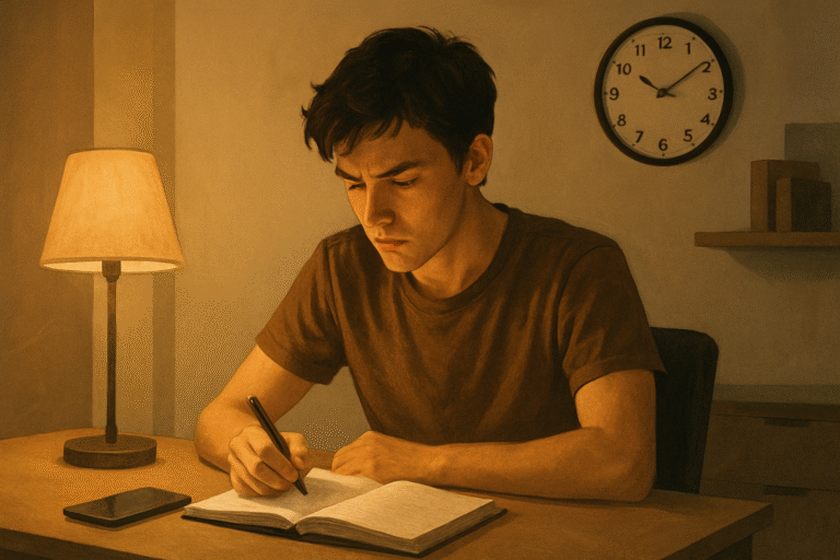 Teenager focusing on work and avoiding time-wasting distractions with a clock in the background.