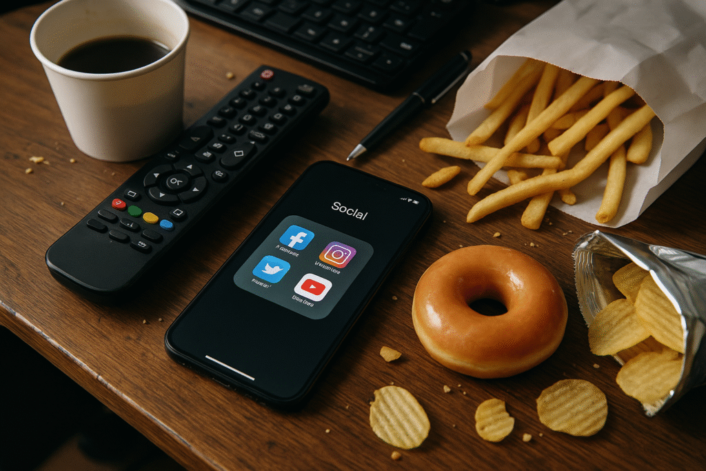 Stop wasting time -Messy desk with smartphone, social media apps, and distractions representing time-wasting habits.