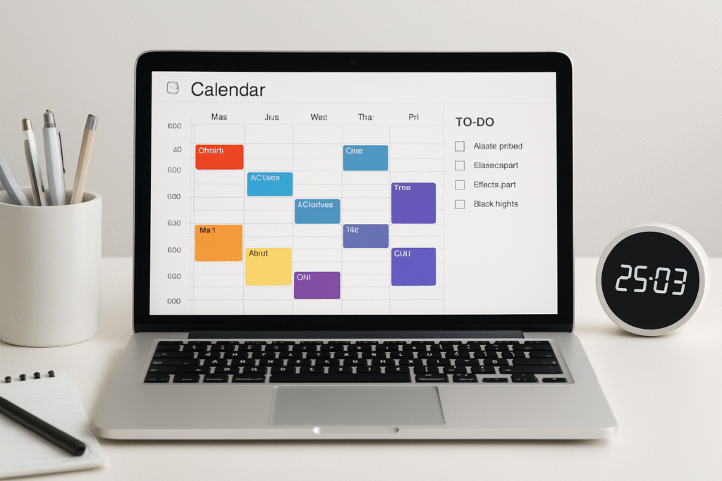 Stop Wasting Time -Digital planner and Pomodoro timer showing time management strategy for productivity.