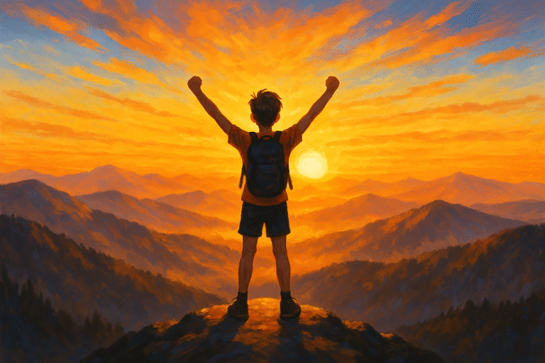 Teen standing on mountain peak feeling confident and empowered after a weekend challenge